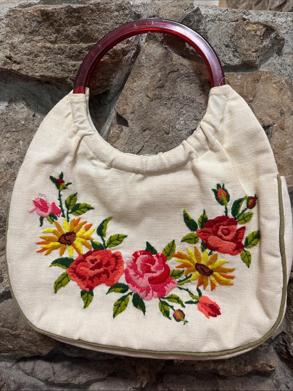 Vintage Cream Hobo Bag with Red Handles and Embroidered Floral Design